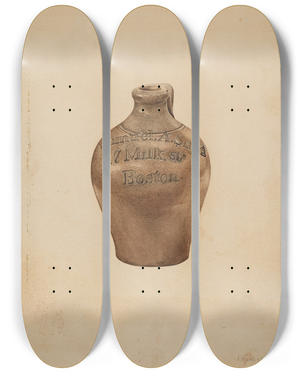 Triptych art skateboard deck of Frances Godfrey Pottery Jug by Frances Godfrey