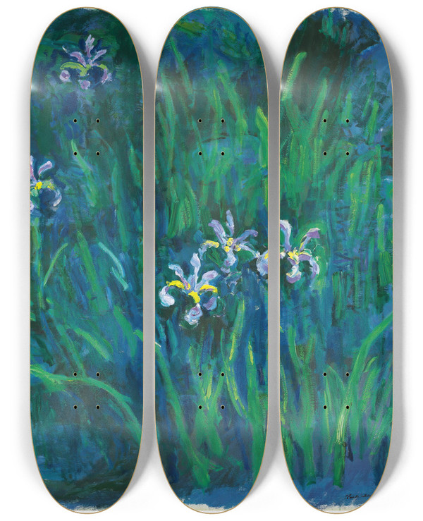 Triptych art skateboard deck of Claude Monet Iris by Claude Monet (1840-1926)