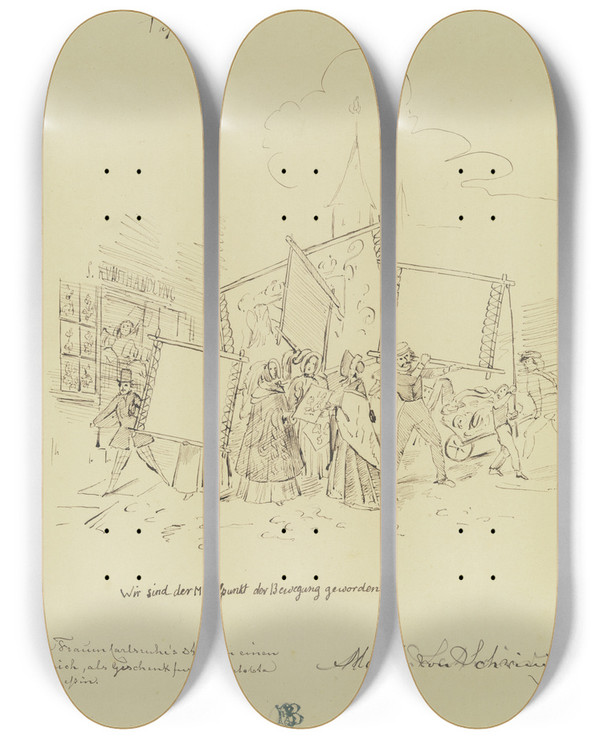 Triptych art skateboard deck of Moritz Von Schwind Gruppe Von Frauen Mit Stickrahmen by Moritz Von Schwind (1804-1871)