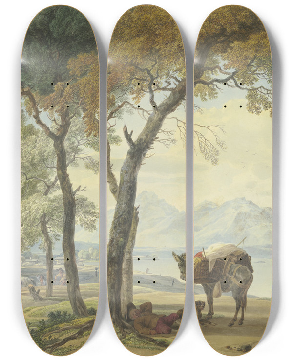 Triptych art skateboard deck of Wilhelm Von Kobell Schlafender Eseltreiber Unter Einer Baum An Einem See by Wilhelm von Kobell (1766-1853)