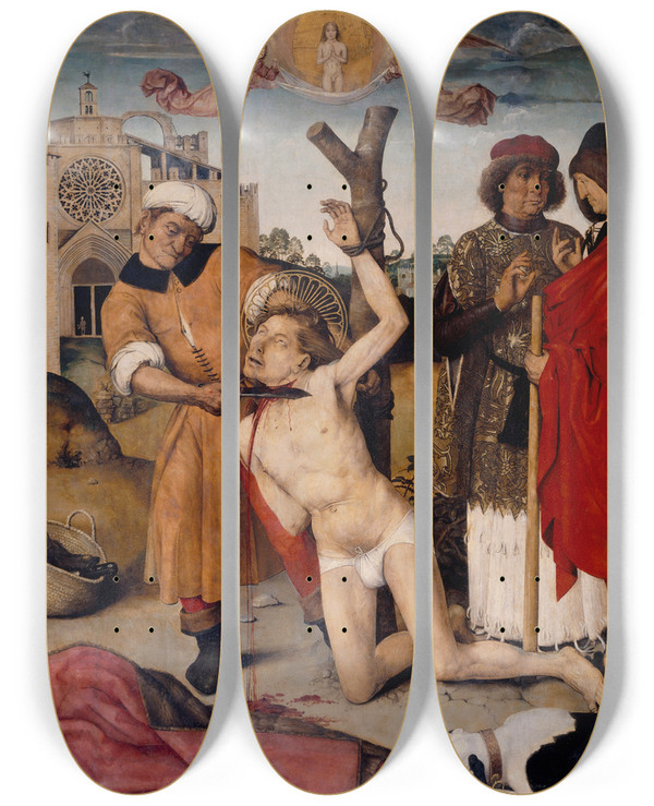 Triptych art skateboard deck of Ayne Bru Martyrdom Of Saint Cucuphas by Ayne Bru (16-)