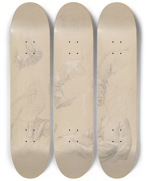 Triptych art skateboard deck of Adolph Tidemand Sovende Mann Mannshnd Med Dolk by Adolph Tidemand (1814-1876)