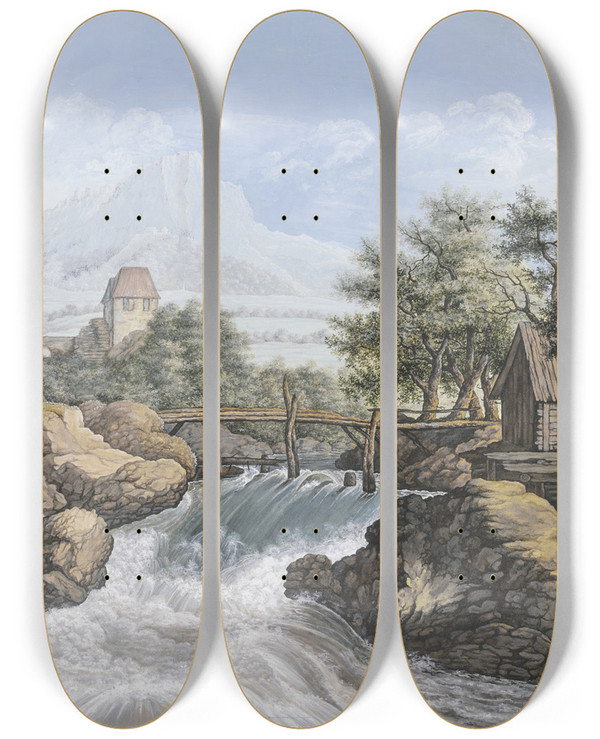 Triptych art skateboard deck of Johann David Passavant Ein Reiender Bach Mit Einer Brcke Und Blick In Ein Tal by Johann David Passavant (1787-1861)