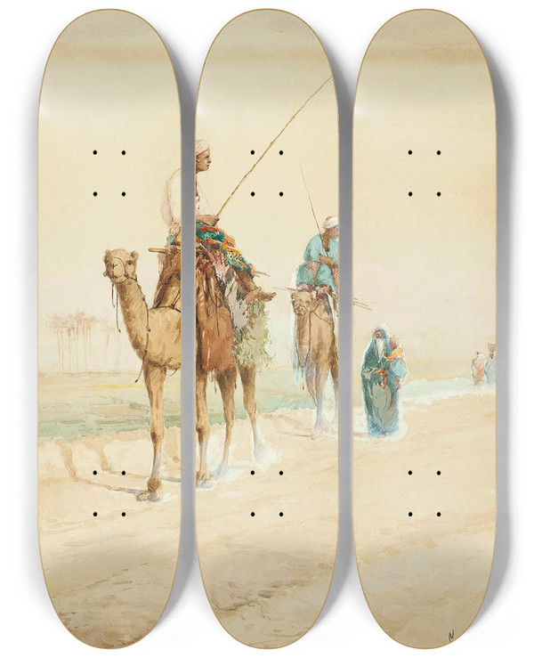 Triptych art skateboard deck of Carl Haag Arab Travellers On An Egyptian Road by Carl Haag (1820-1915)