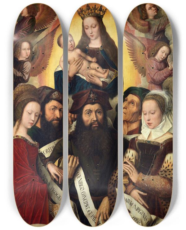 Triptych art skateboard deck of Ambrosius Benson Deipara Virgo by Ambrosius Benson (1519-1550)