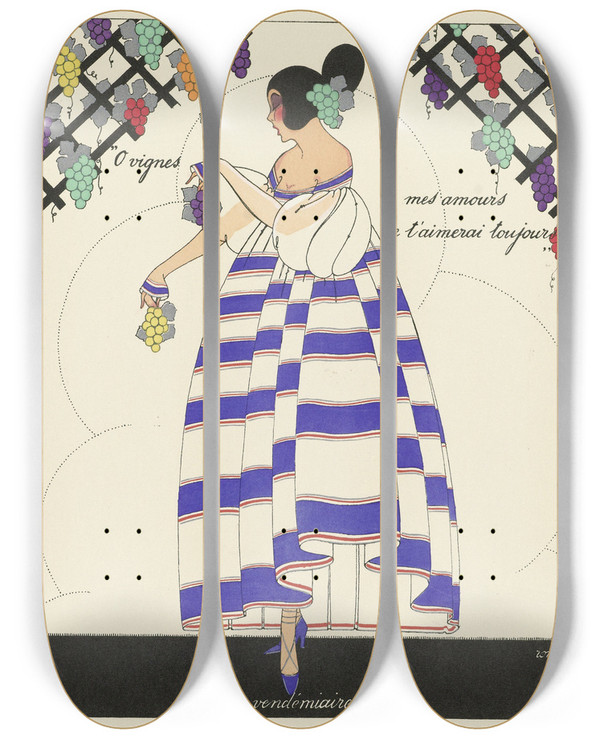 Triptych art skateboard deck of Marthe Romme Les Douze Mois De Lanne Vendmiaire by Marthe Romme (19-20-)