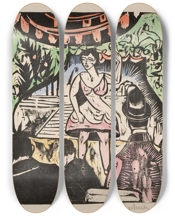 Triptych art skateboard deck of Ernst Ludwig Kirchner Kleines Variete Mit Sngerin by Ernst Ludwig Kirchner (1880-1938)