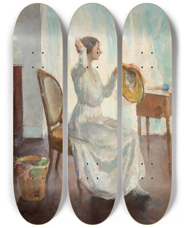 Triptych art skateboard deck of Charles Webster Hawthorne Morning Sunlight by Charles Webster Hawthorne (1872-1930)