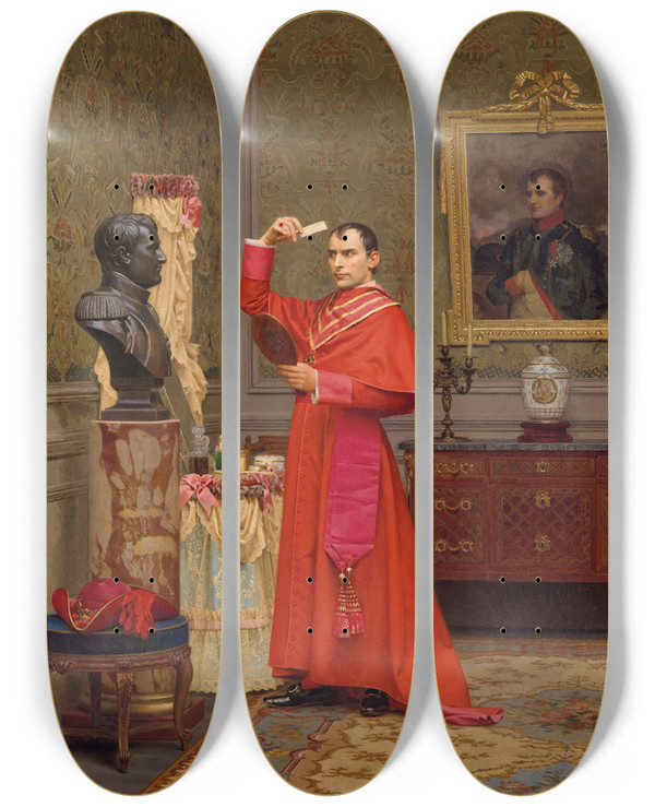 Triptych art skateboard deck of Jehan Georges Vibert La Comparaison by Jehan Georges Vibert (1840-1902)