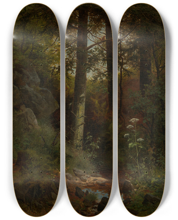Triptych art skateboard deck of Eduard Leonhardi Waldeinsamkeit by Eduard Leonhardi (1828-1905)