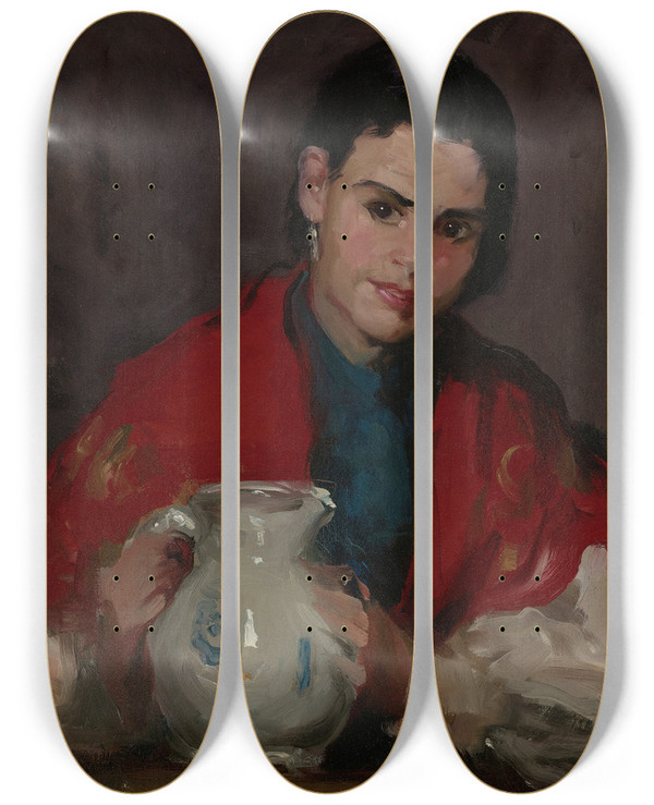 Triptych art skateboard deck of Robert Henri Segovia Girl Holding Pitcher by Robert Henri (1865-1929)