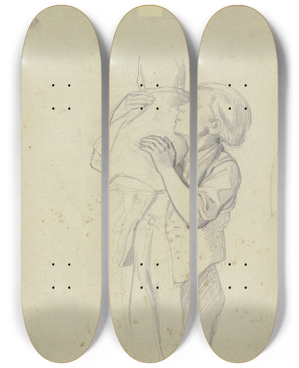 Triptych art skateboard deck of Jakob Becker Kleiner Junge Mit Geschultertem Sack Aus Dem Ein Pferd Frisst by Jakob Becker (1810-1872)