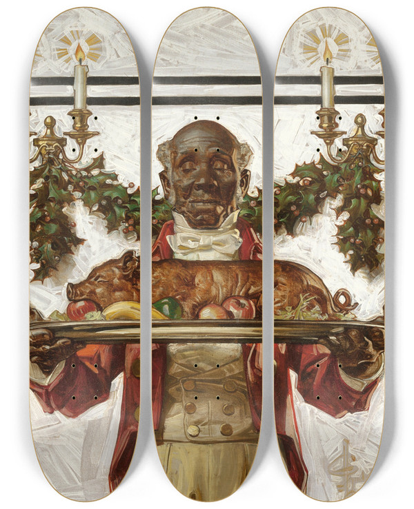 Triptych art skateboard deck of Jc Leyendecker Christmas Dinner by J.C. Leyendecker (1874-1951)