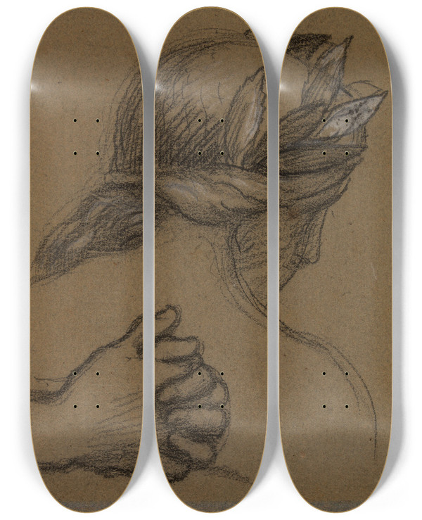 Triptych art skateboard deck of Pierre Puvis De Chavannes Etude De Tte Et De Mains by Pierre Puvis De Chavannes (1824-1898)