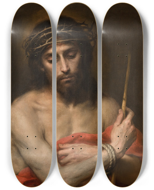 Triptych art skateboard deck of Bartolom Estebn Murillo Ecce Homo by Bartolome Esteban Murillo (1617-1682)