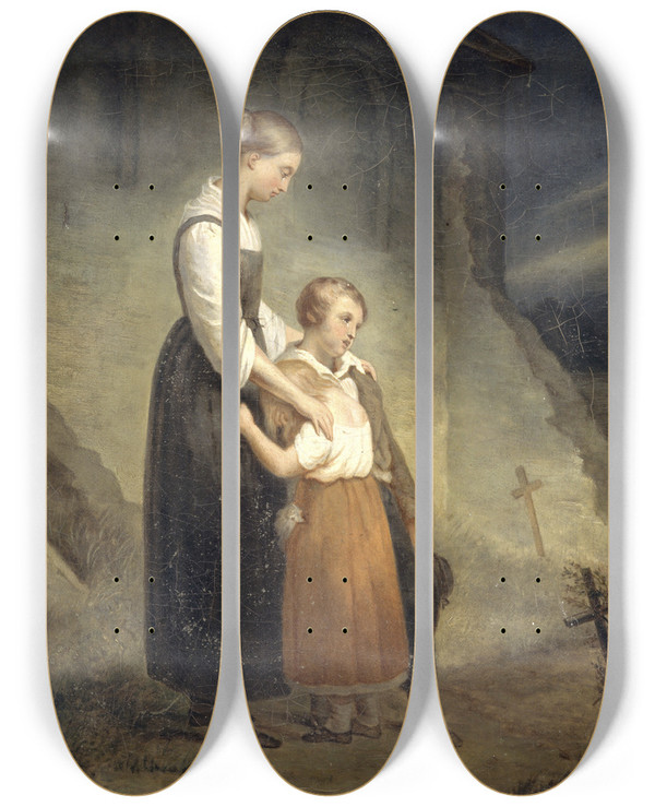 Triptych art skateboard deck of Ary Scheffer The Orphans by Ary Scheffer (1795-1858)
