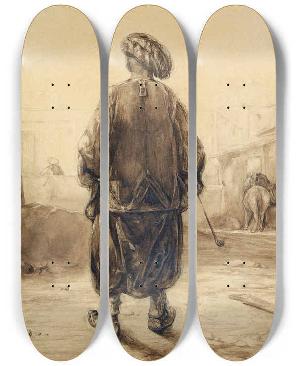 Triptych art skateboard deck of Alexandregabriel Decamps The Chibouk Smoker by Alexandre-Gabriel Decamps (1803-1860)