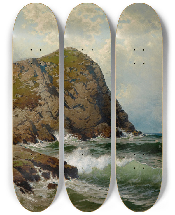 Triptych art skateboard deck of Alfred Thompson Bricher White Head Monhegan by Alfred Thompson Bricher (1837-1908)