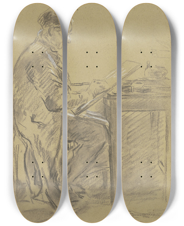 Triptych art skateboard deck of Anton Burger Kegelschreiber Auf Eine Tafel Notierend by Anton Burger (1824-1905)