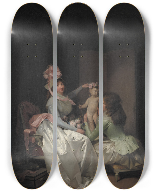 Triptych art skateboard deck of Louis Lopold Boilly Garlanding The Statuette Of Cupid by Louis Leopold Boilly (1761-1845)