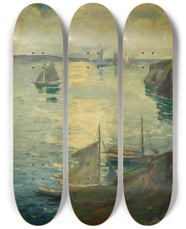 Triptych art skateboard deck of Jonas Lie Coast Scene With Ships by Jonas Lie (1880-1940)