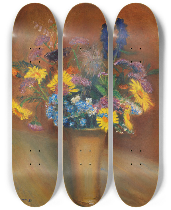 Triptych art skateboard deck of Otto Modersohn Sommerblumenstrau by Otto Modersohn (1865-1943)