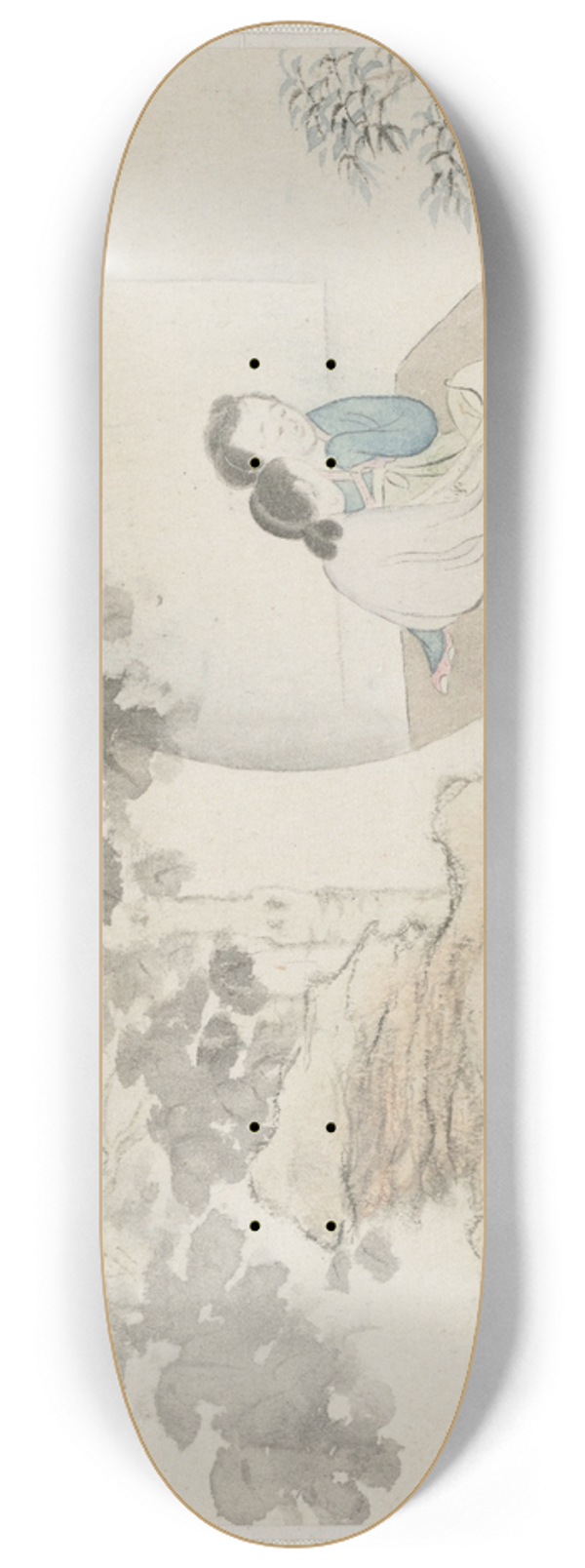 Hua Yan - Two Women Sit at a Table within a Circle Visible in a Landscape 8.25 inch art skate deck