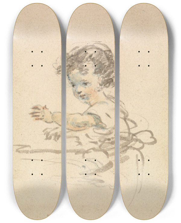 Triptych art skateboard deck of Nicholas Pocock Child Seated by Nicholas Pocock (1740-1821)