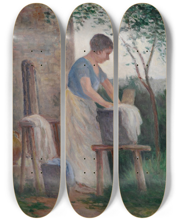 Triptych art skateboard deck of Maximilien Luce Rolleboise La Lessive Dans Le Jardin by Maximilien Luce (1858-1941)