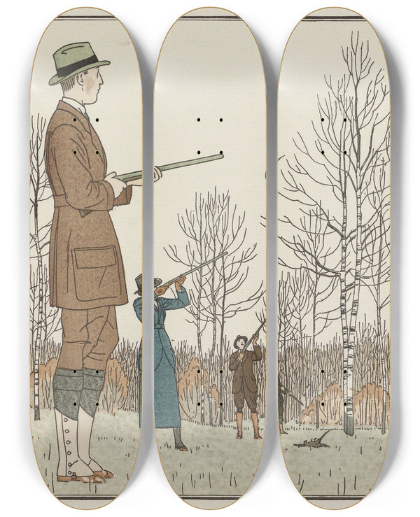 Triptych art skateboard deck of Bernard Boutet De Monvel Battue Dautomn by Bernard Boutet De Monvel (1881-1949)