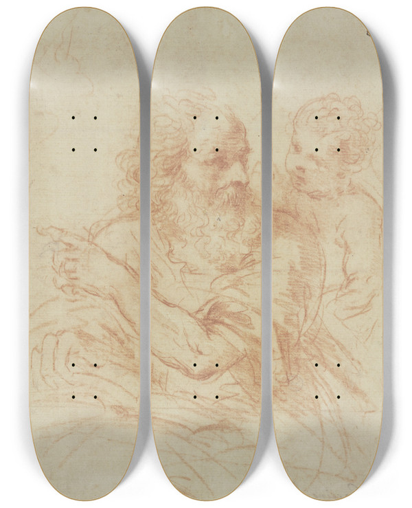 Triptych art skateboard deck of Guercino Der Heilige Hieronymus Mit Einem Engel by Guercino (1591-1666)
