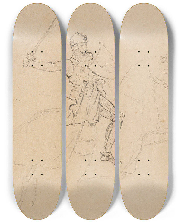 Triptych art skateboard deck of Prosper Lafaye Cavalier Mdival by Prosper Lafaye (1806-1883)