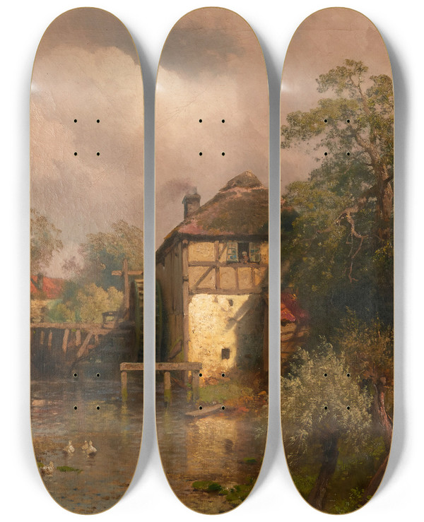 Triptych art skateboard deck of Hermann Ottomar Herzog The Mill by Hermann Ottomar Herzog (1831-1932)