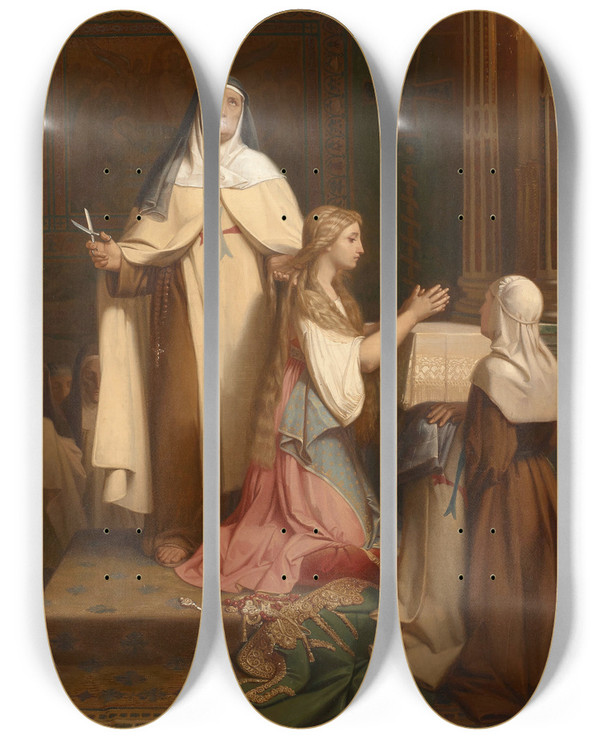 Triptych art skateboard deck of Adolphe Roger Une Prise De Voile by Adolphe Roger (1800-1880)