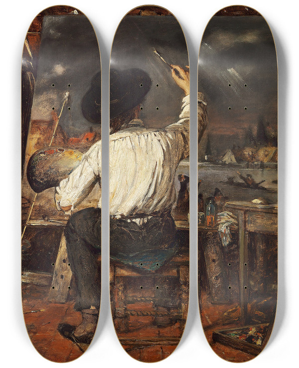 Triptych art skateboard deck of Eugne Joors A Painter At The Easel by Eugene Joors (1850-1910)