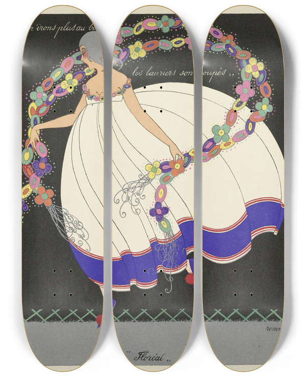 Triptych art skateboard deck of Marthe Romme Les Douze Mois De Lanne Floral by Marthe Romme (19-20-)