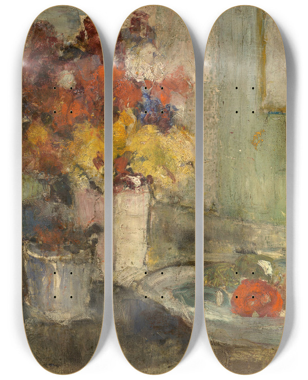 Triptych art skateboard deck of Auguste Oleffe Flowers by Auguste Oleffe (1867-1931)