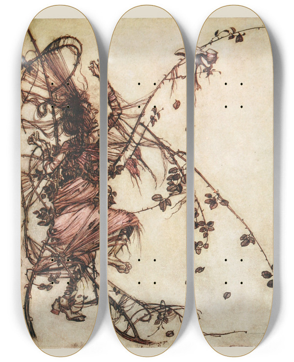 Triptych art skateboard deck of Arthur Rackham The Quicker He Played The Higher She Had To Jump by Arthur Rackham (1867-1939)