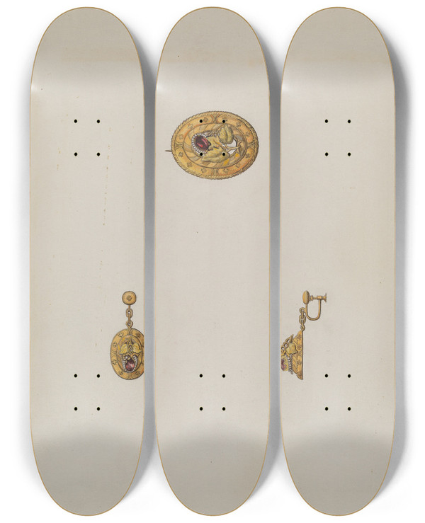 Triptych art skateboard deck of Bertha Semple Pin And Earring Set by Bertha Semple