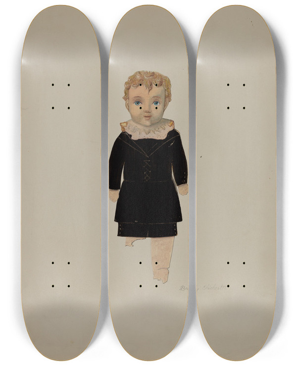 Triptych art skateboard deck of Beverly Chichester Paper Doll Boy by Beverly Chichester (20-)