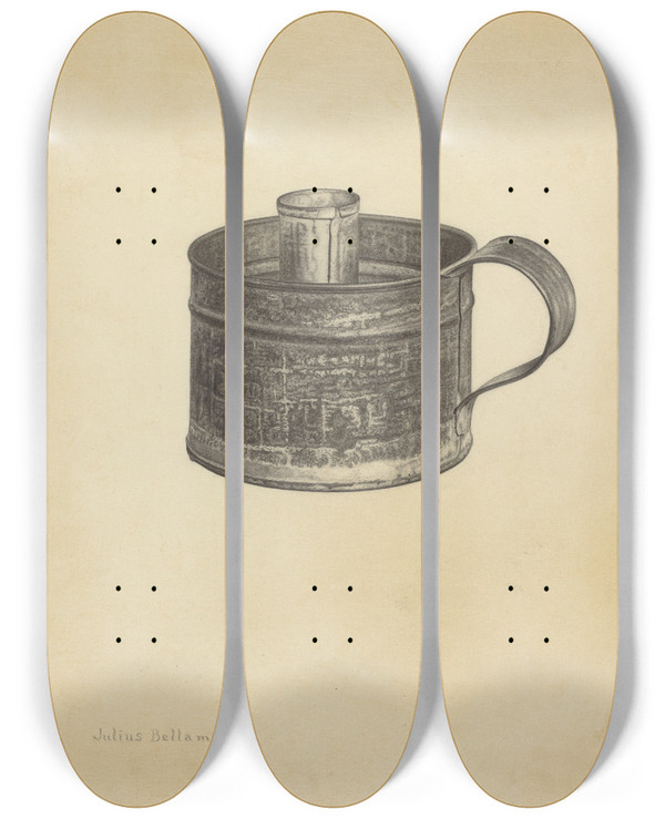 Triptych art skateboard deck of Julius Bellamy Wetting Cup by Julius Bellamy