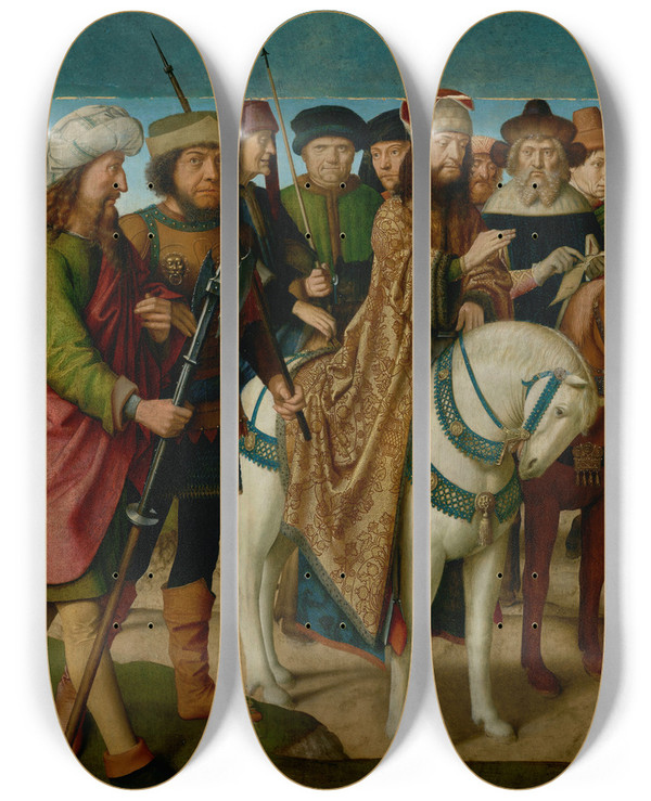 Triptych art skateboard deck of Gerard David Pilate And The Chief Priests by Gerard David (1460-1523)
