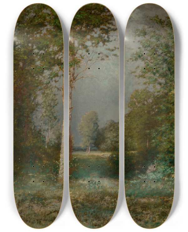 Triptych art skateboard deck of Alexander Helwig Wyant A Forest Glade by Alexander Helwig Wyant (1836-1892)