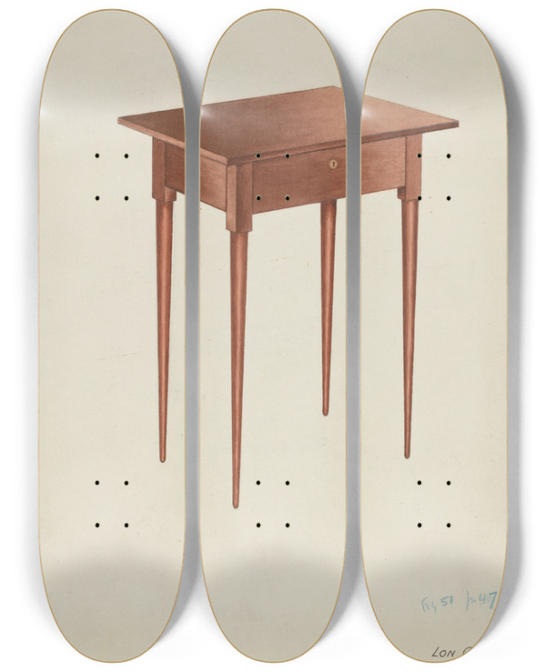 Triptych art skateboard deck of Lon Cronk Shaker Candle Table by Lon Cronk