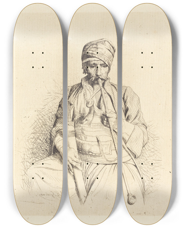 Triptych art skateboard deck of Jeanlon Grme Seated Arab With Pipe by Jean-Lon Grme (1824-1904)