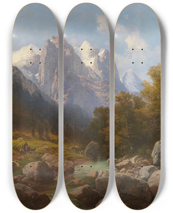 Triptych art skateboard deck of Carl Millner Der Maler Im Gebirge by Carl Millner (1825-1895)