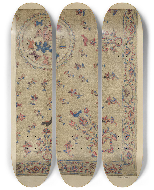 Triptych art skateboard deck of Mary Berner Crewel Bedspread by Mary Berner