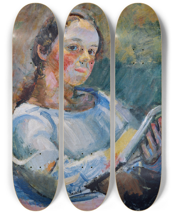 Triptych art skateboard deck of Franz Wiegele Lesendes Mdchen by Franz Wiegele (1887-1944)