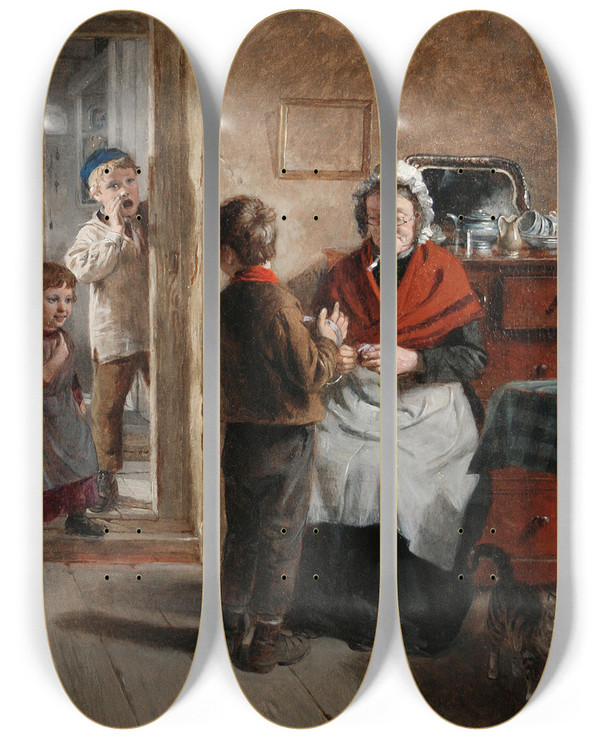 Triptych art skateboard deck of William Hemsley Divided Attention by William Hemsley (1817-1906)