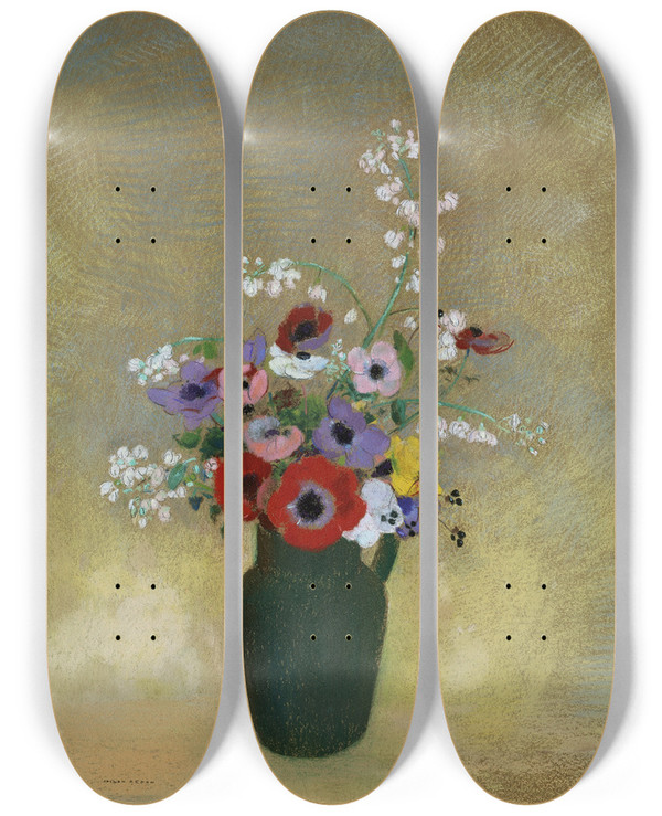 Triptych art skateboard deck of Odilon Redon Large Green Vase With Mixed Flowers by Odilon Redon (1840-1916)